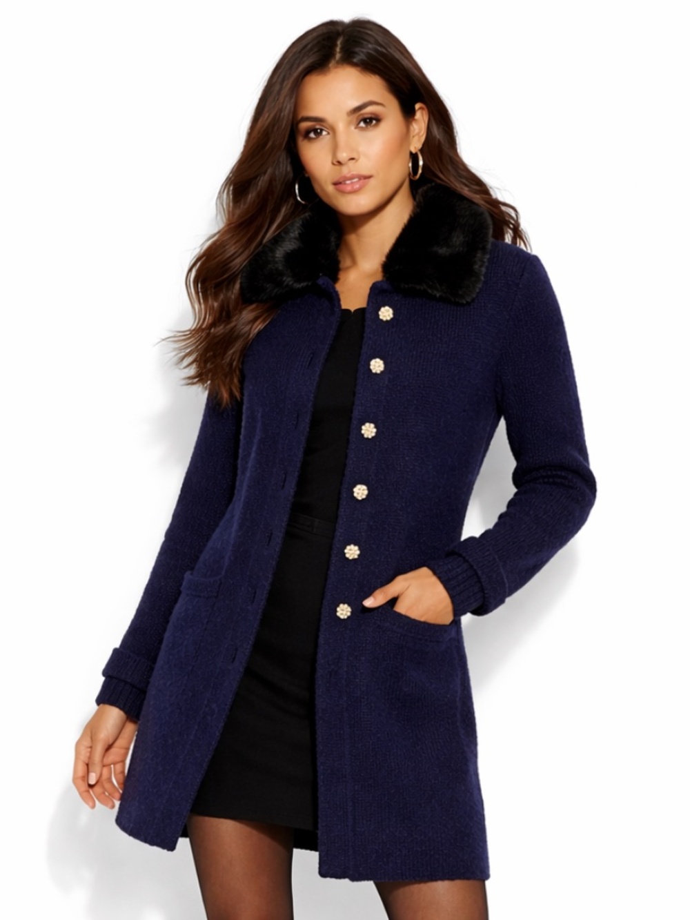 Adrienne Vittadini Navy Knit Faux Fur Collar Sweater Ccardigan